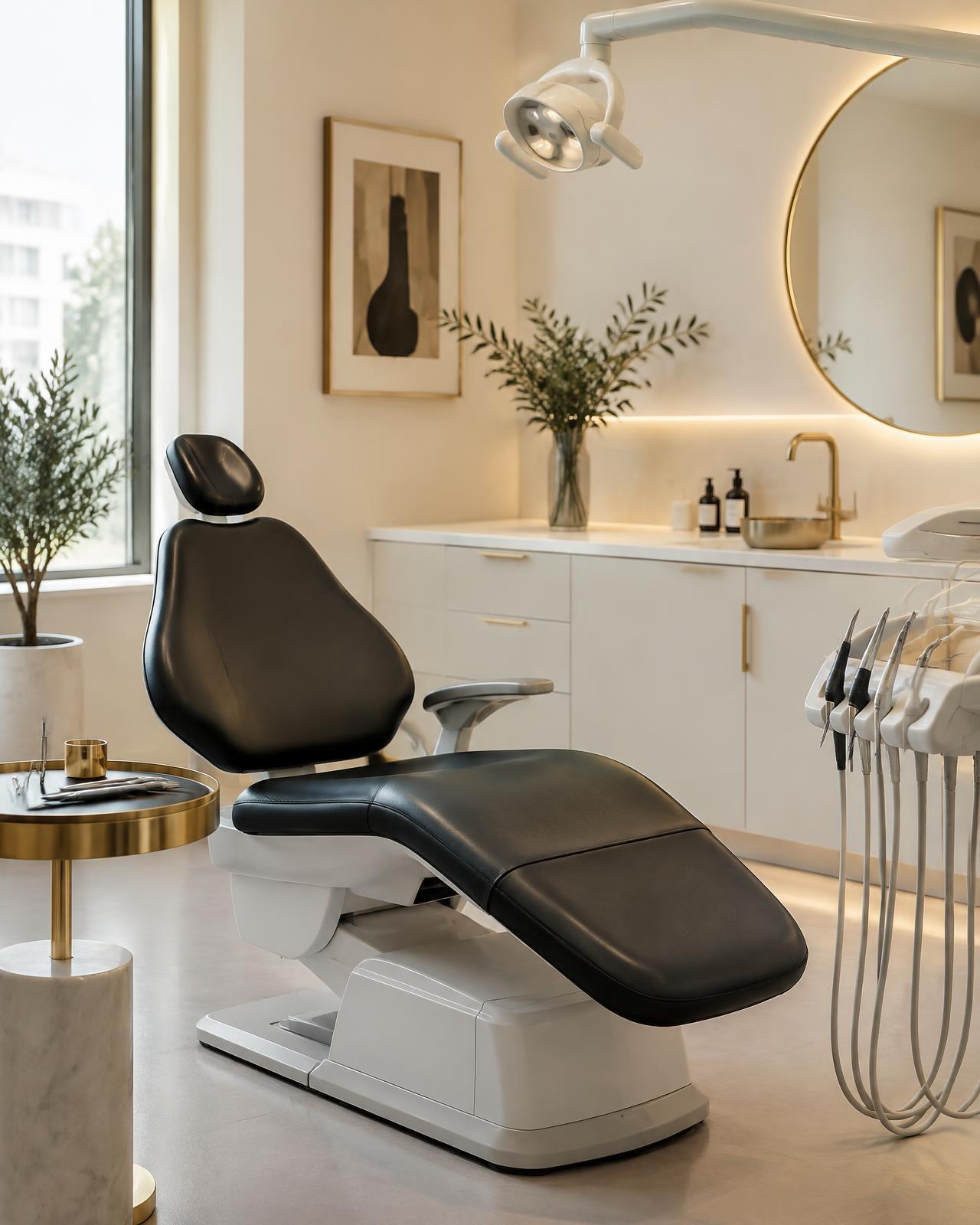 Consultorio odontológico moderno con sillón negro y detalles dorados (imagen ilustrativa)