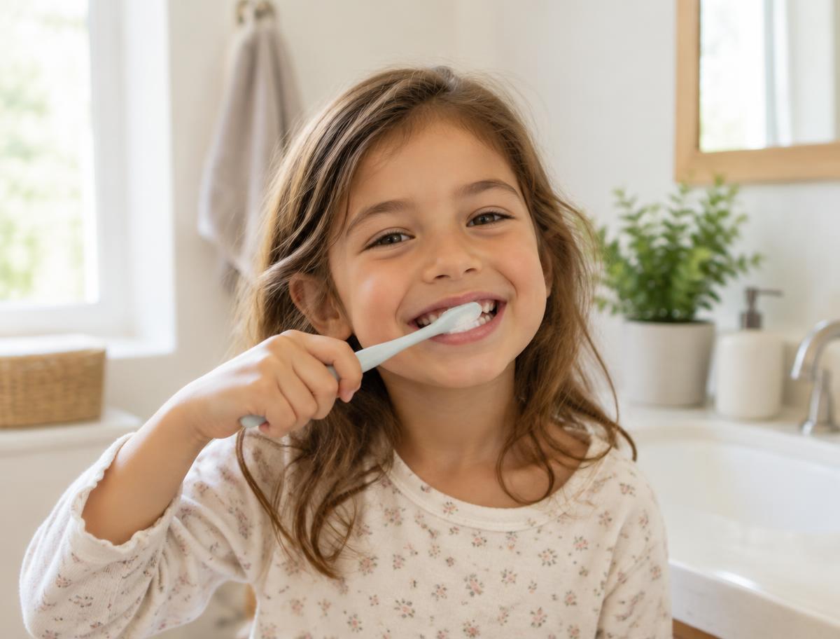 Niña sonriente cepillándose los dientes (imagen ilustrativa, no corresponde a un paciente)